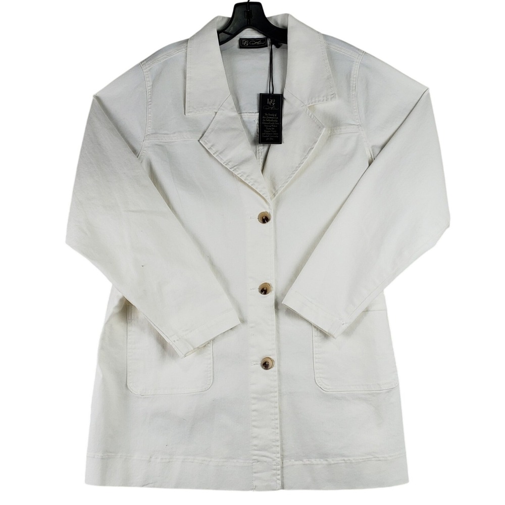 Diane Gilman DG2 Denim Jacket Womens XL White Chore Coat Longline Stretch